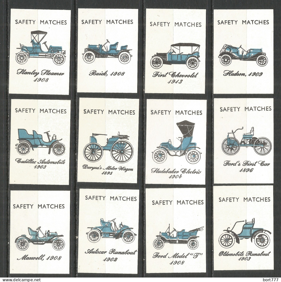 Belgium 12 Old Matchbox Labels Cars - Zündholzschachteletiketten