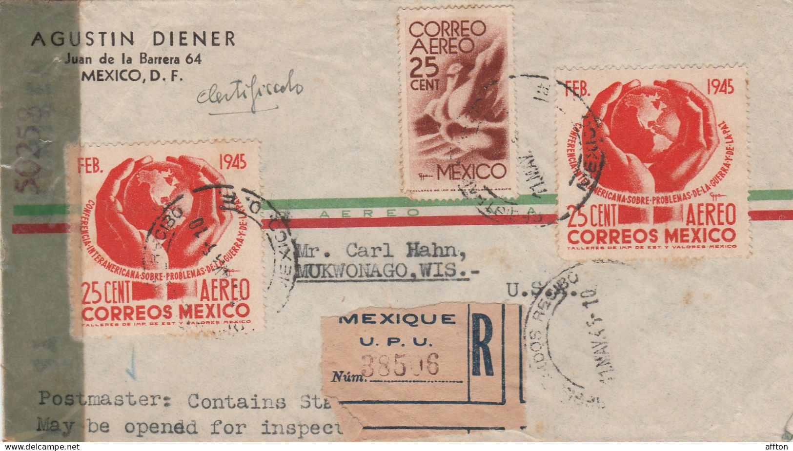 Mexico 1945 Censored Registered Cover Mailed - Mexico