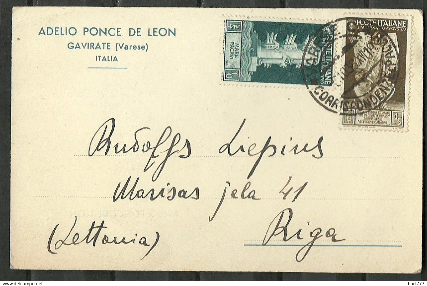 Italy 1938 Year Postcard From Riga  - Other & Unclassified