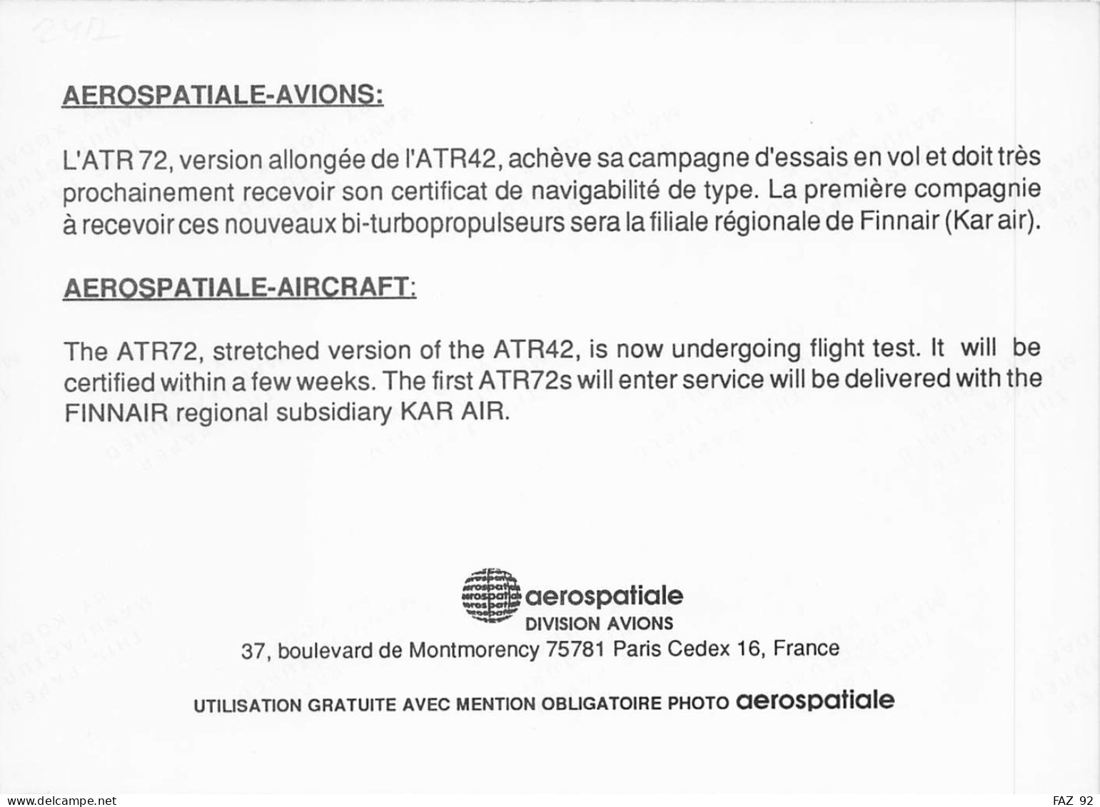 ATR 72 - Aerospatiale -  +/- 180 X 130 Mm. - Photo Presse Originale - Aviation