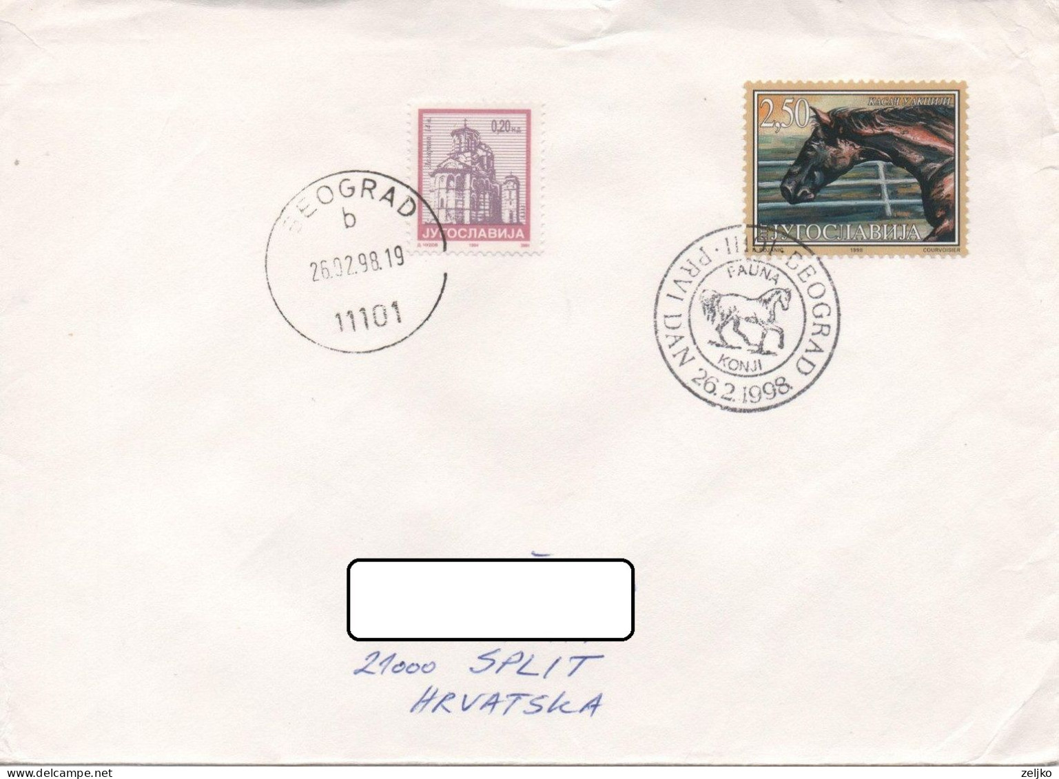 Yugoslavia, Fauna 1998, Horses, First Day Cancel On Mailed Letter - Cartas & Documentos