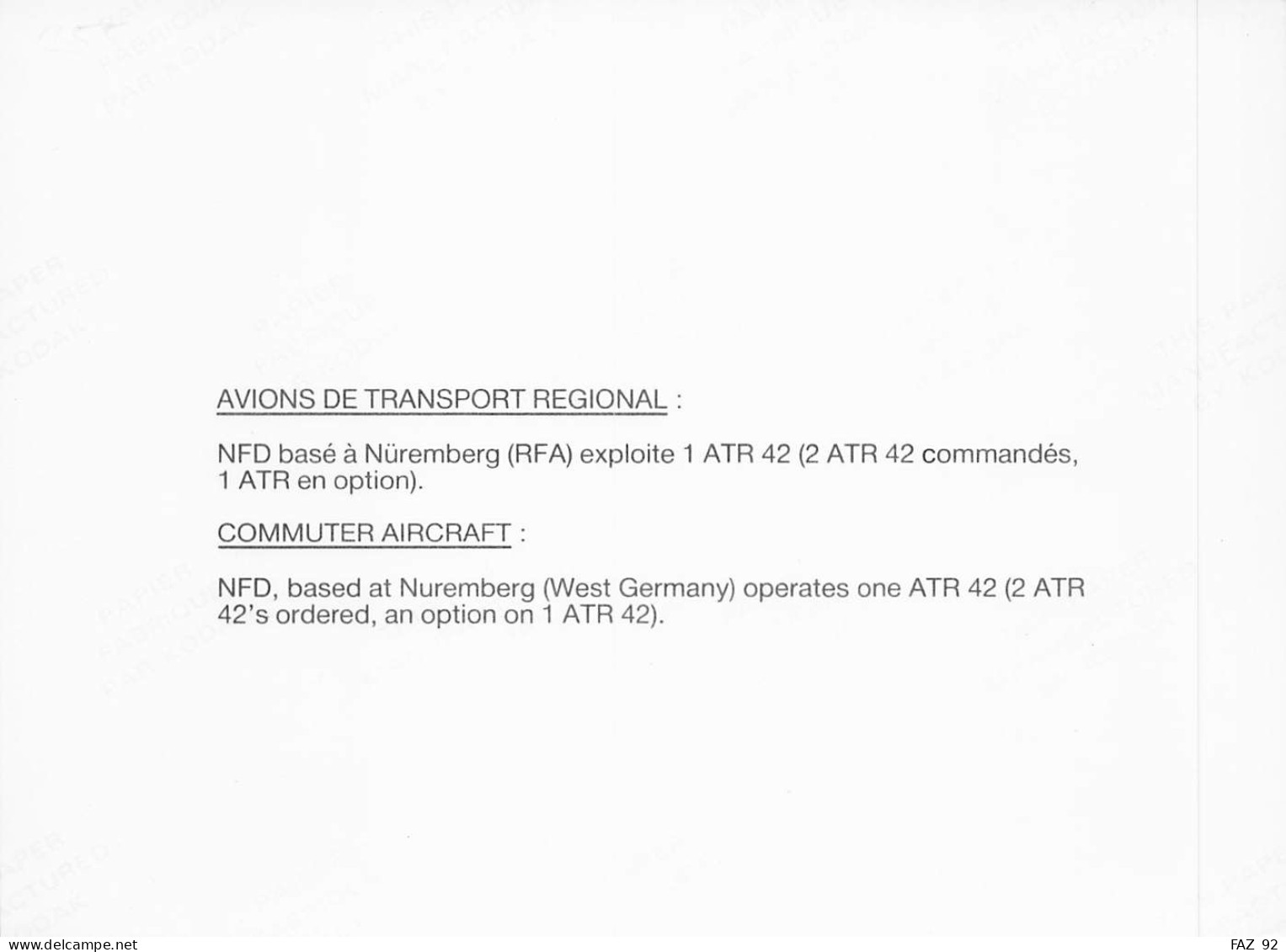 ATR 42 - NFD Nüremberg -  +/- 180 X 130 Mm. - Photo Presse Originale - Aviation