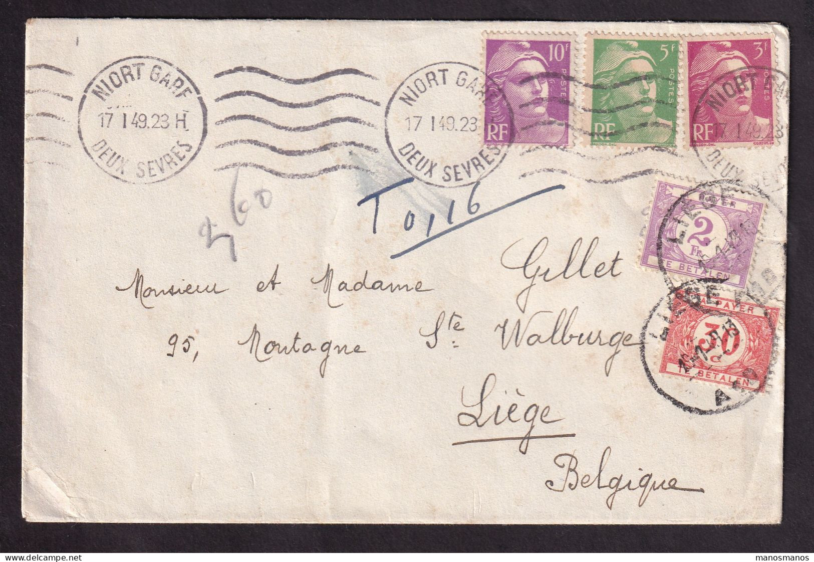 DDGG 047 - Enveloppe TP Marianne De Gandon NIORT 1949 -  Taxée 2 F 30 à LIEGE Belgique - Man. T 0,16 - 1945-54 Marianne (Gandon)