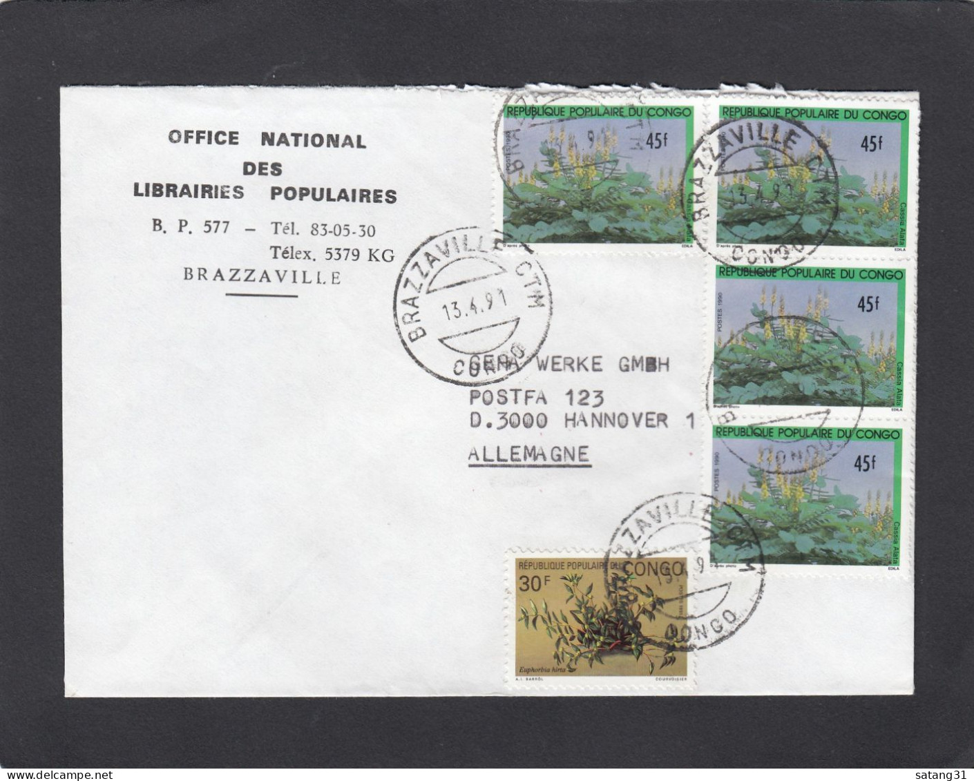 OFFICE NATIONAL DES LIBRAIRIES POPULAIRES,BRAZAVILLE.LETTRE AVEC TIMBRES "VEGETAUX" POUR "GEHA" A HANNOVRE,ALLEMAGNE,91. - Used