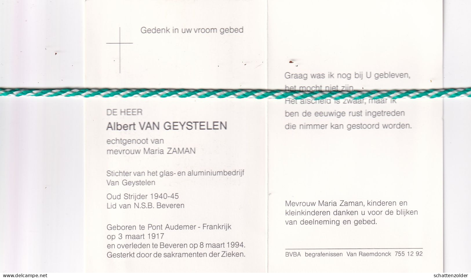 Albert Van Geystelen-Zaman, Pont Audemer (Fr) 1917, Beveren 1994. Stichter Glas-Aluminiumbedrijf; Foto - Todesanzeige