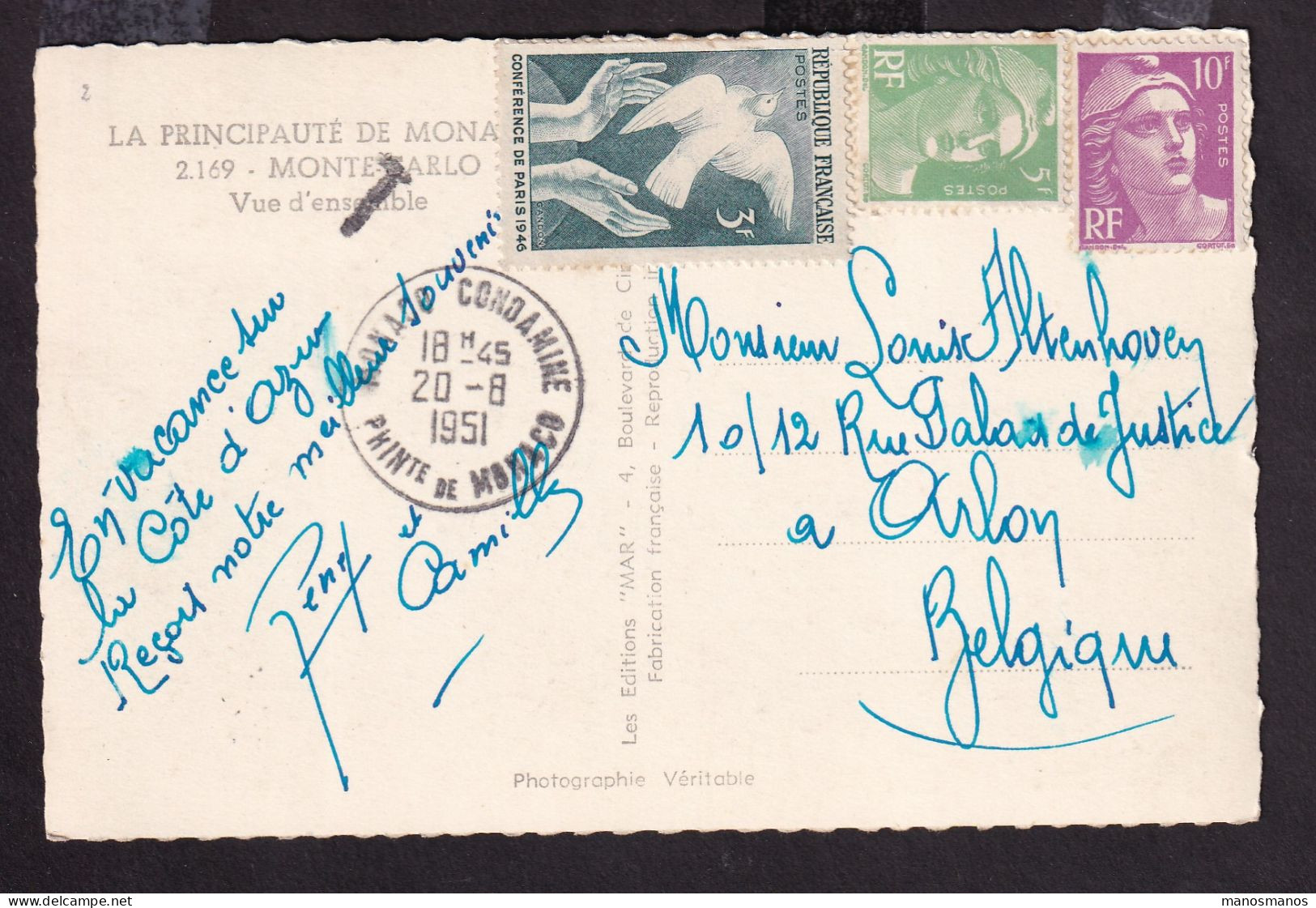 DDGG 048 - Carte-Vue TP Marianne De Gandon Postée à MONACO 1951 - Taxée T (timbres Non Acceptés) - Taxe Non Perçue ARLON - 1945-54 Marianna Di Gandon