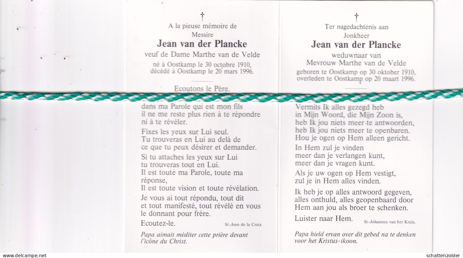 Jean Van Der Plancke-van De Velde, Oostkamp 1910, 1996. Foto - Todesanzeige