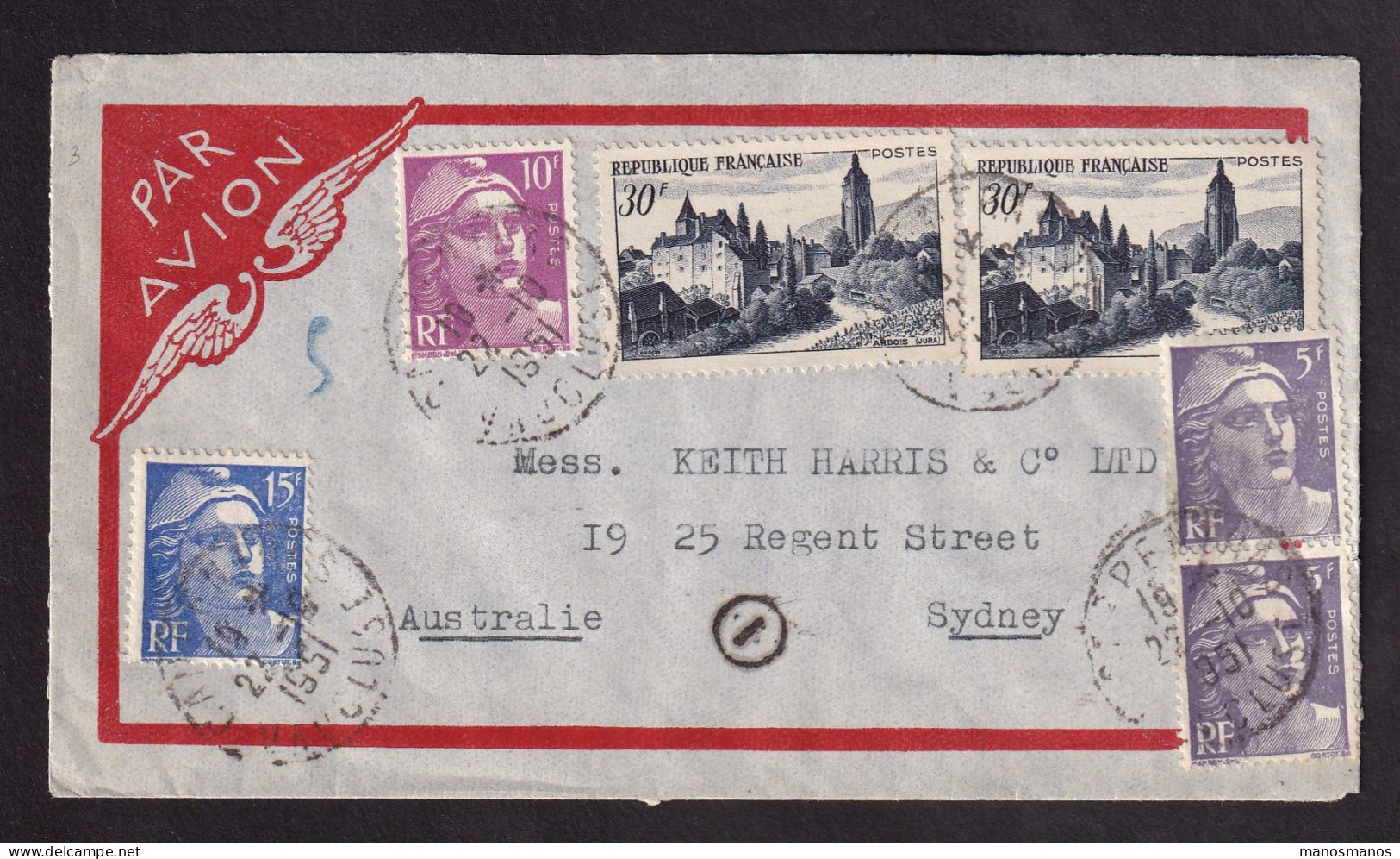 DDGG 049 - Enveloppe PAR AVION TP Marianne De Gandon - CARPENTRAS 1951 Vers SYDNEY Australie - Tarif 95 Francs - 1945-54 Marianne Of Gandon