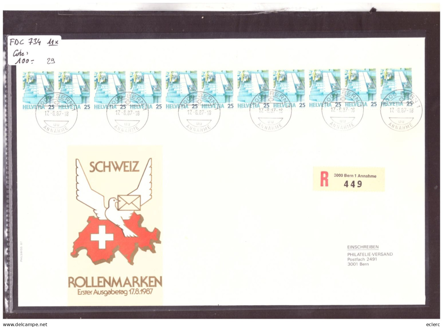 FDC GRAND FORMAT No 734 BANDE DE 11 ( ROULEAU ) - COTE: 100.- ( !!! ATTENTION AUX FRAIS DE PORT HORS SUISSE!!! ) - FDC