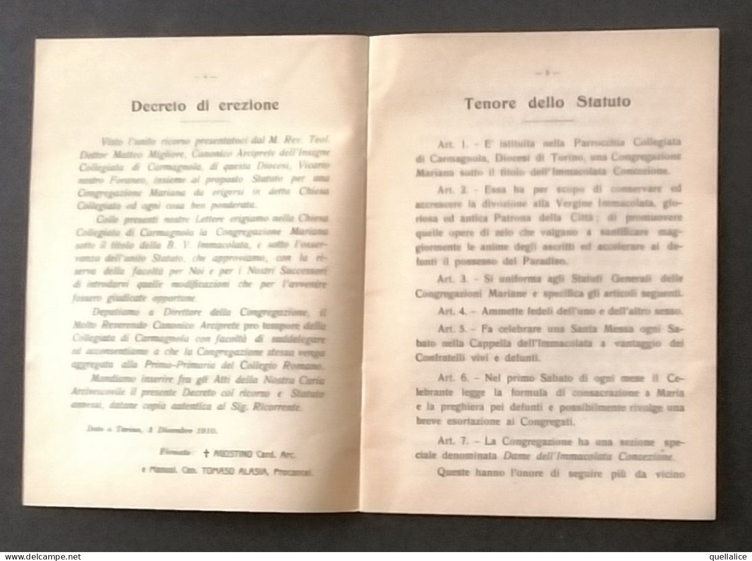 03921 "STORIA E STATUTO DEGLI AGGREGATI ALLA COMPAGNIA IMMACOLATA CONCEZIONE.CARMAGNOLA-1910-1922-CURIA ARCIV. TORINO" - Historische Documenten