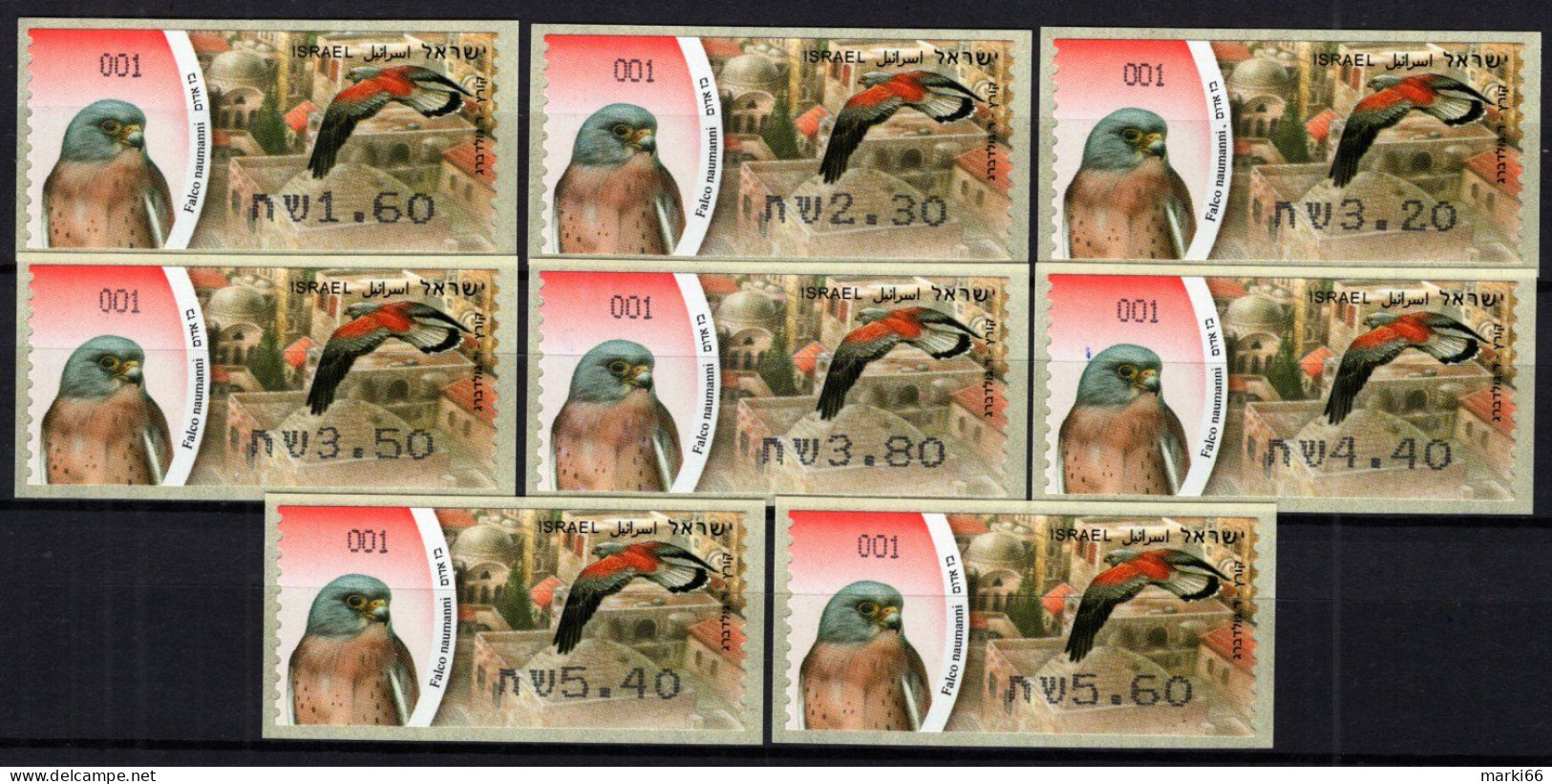 Israel - 2009 - Birds - Little Kestrel - Falco Naumanni - Mint Self-adhesive ATM Stamp Set - Franking Labels