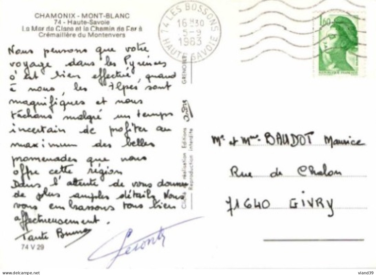 CHAMONIX. -  Mer De Glace Et Chemin De Fer à Crémaillère Du Montenvers   .   Cachet Poste Septembre 1983 - Chamonix-Mont-Blanc