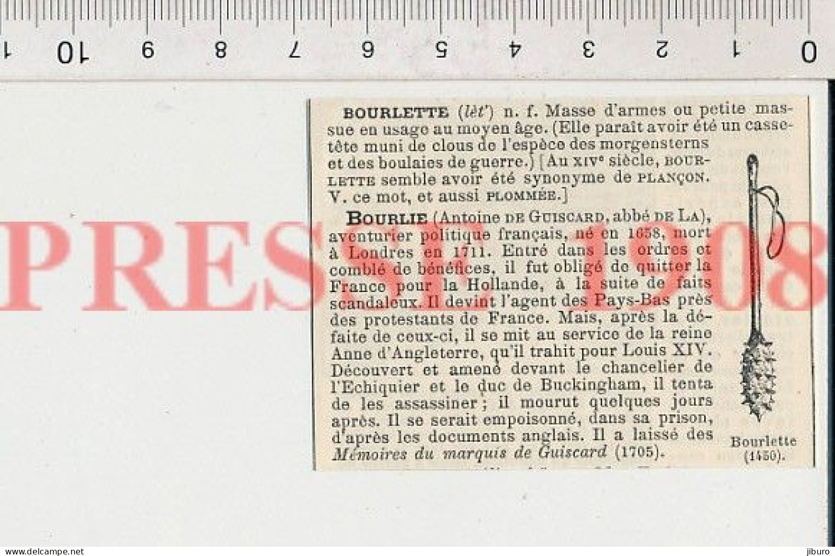Doc 1908 Bourlette Masse D'armes Moyen-âge Arme Massue + Antoine De Guiscard Abbé De La Bourlie 222C1 - Non Classés