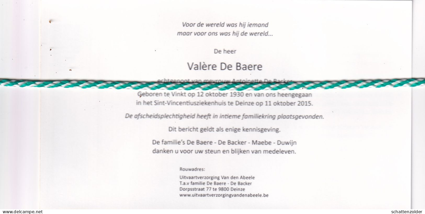 Valère De Baere-De Backer, Vinkt 1930, Deinze 2015. Foto - Todesanzeige