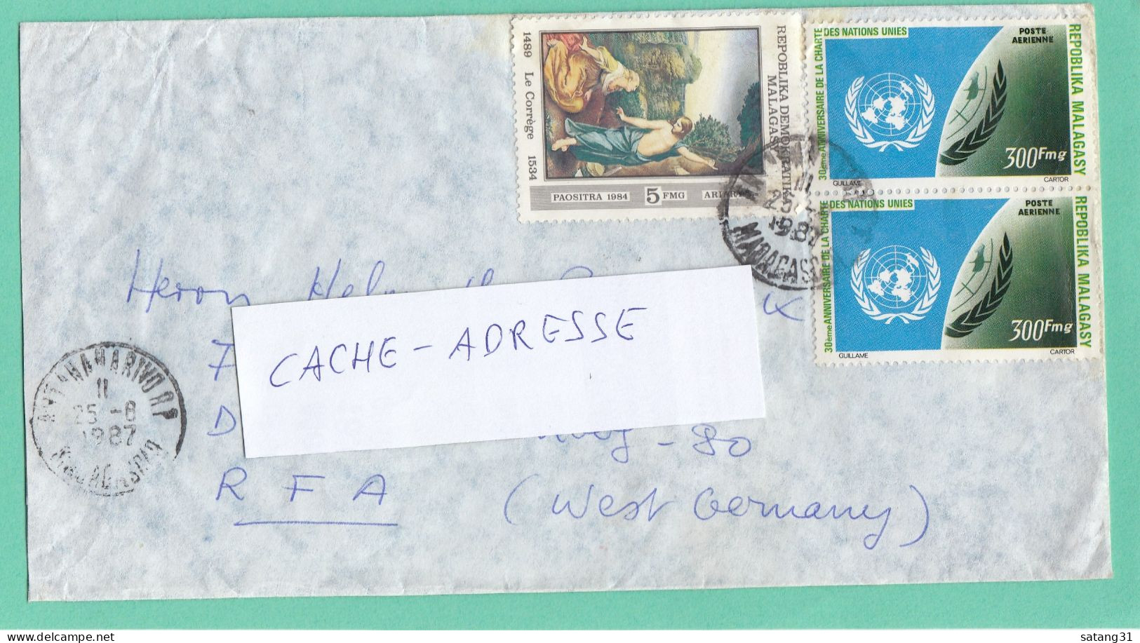 LETTRE DE ANTANANARIVO AVEC TIMBRES "TABLEAU LE CORREGE" ET "30 E ANNIV. DES NATIONS UNIES". - Madagascar (1960-...)