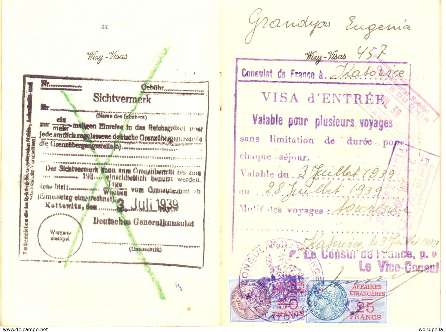 Poland / Polska 1937-9 Much Travelled Document, Europe, Some Revenue Stamps. Signed Passport History Document - Historische Dokumente