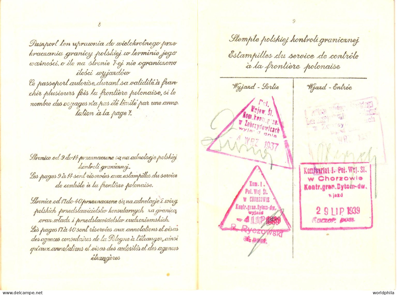 Poland / Polska 1937-9 Much Travelled Document, Europe, Some Revenue Stamps. Signed Passport History Document - Historical Documents