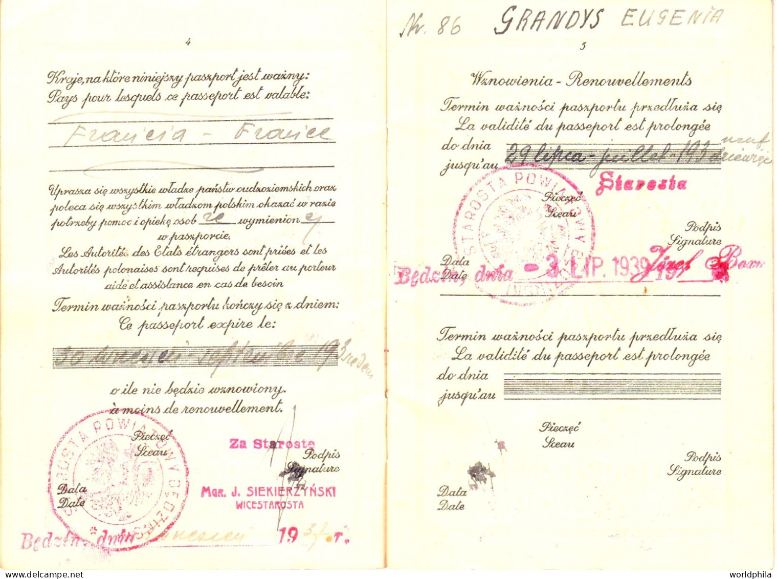 Poland / Polska 1937-9 much travelled document, Europe, some revenue stamps. signed Passport History document