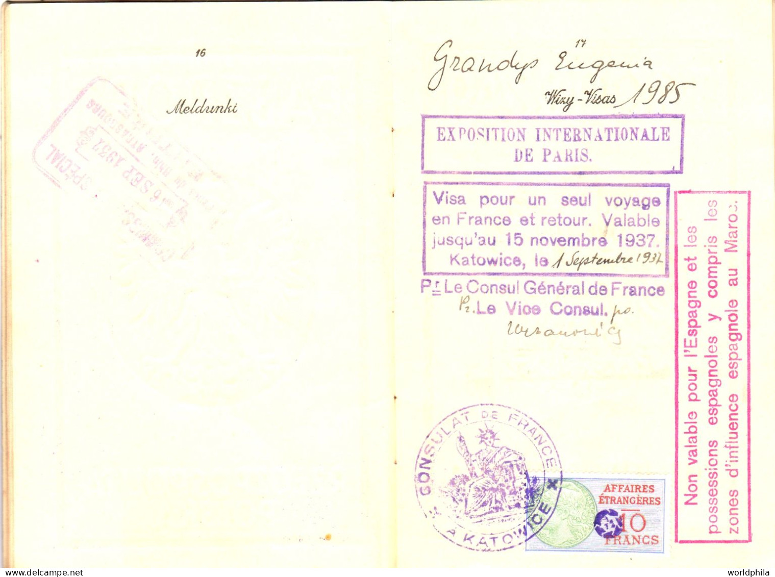 Poland / Polska 1937-9 much travelled document, Europe, some revenue stamps. signed Passport History document