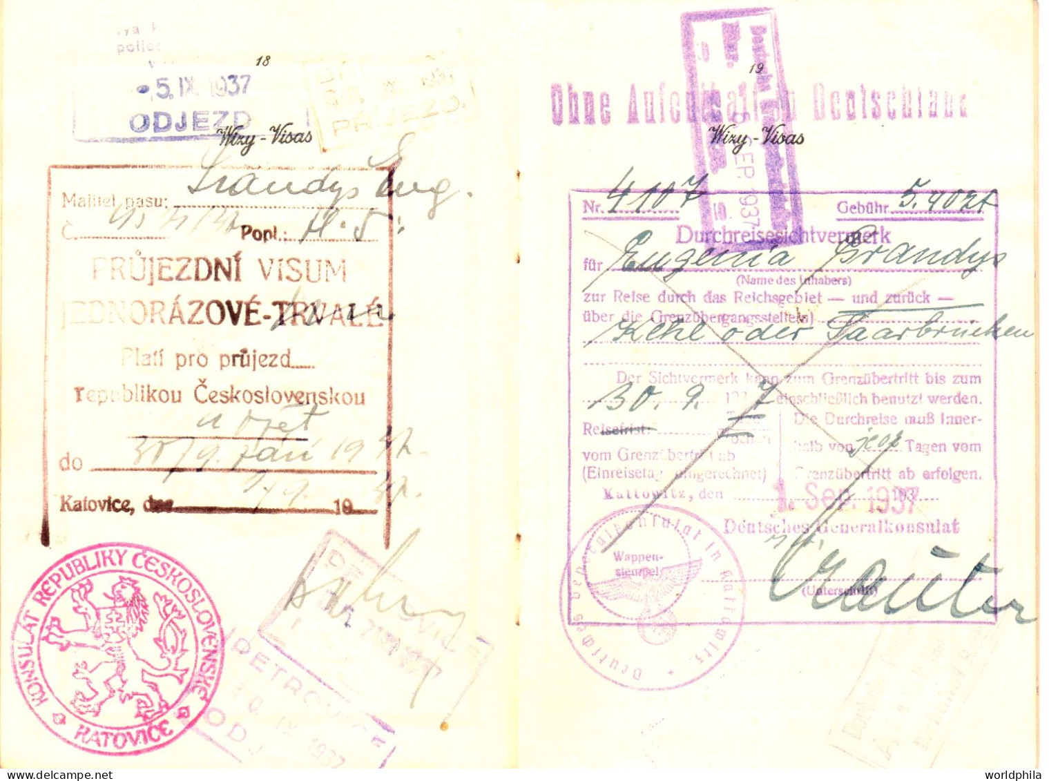 Poland / Polska 1937-9 much travelled document, Europe, some revenue stamps. signed Passport History document