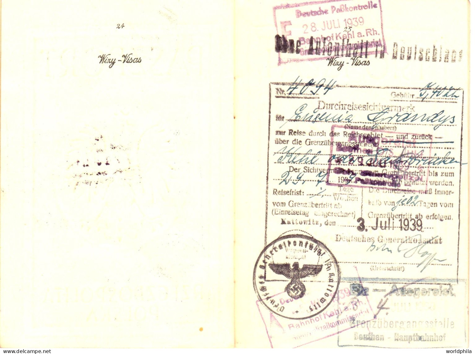 Poland / Polska 1937-9 much travelled document, Europe, some revenue stamps. signed Passport History document