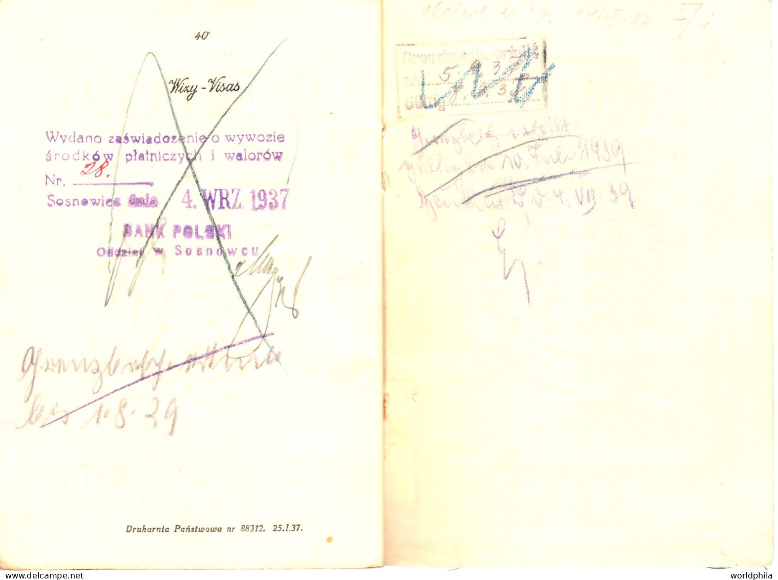 Poland / Polska 1937-9 much travelled document, Europe, some revenue stamps. signed Passport History document