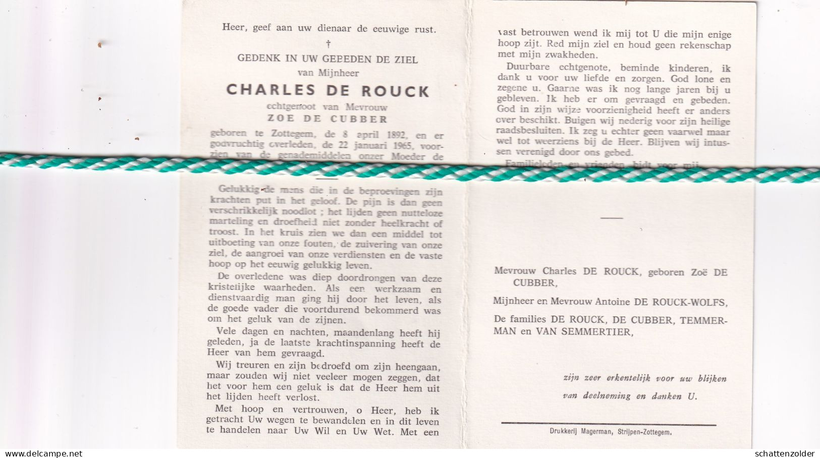 Charles De Rouck-De Cubber, Zottegem 1892, 1965 - Todesanzeige