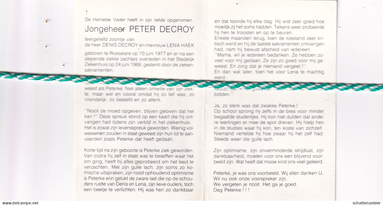 Peter Decroy-Haek, Roeselare 1977, 1989. Foto - Todesanzeige