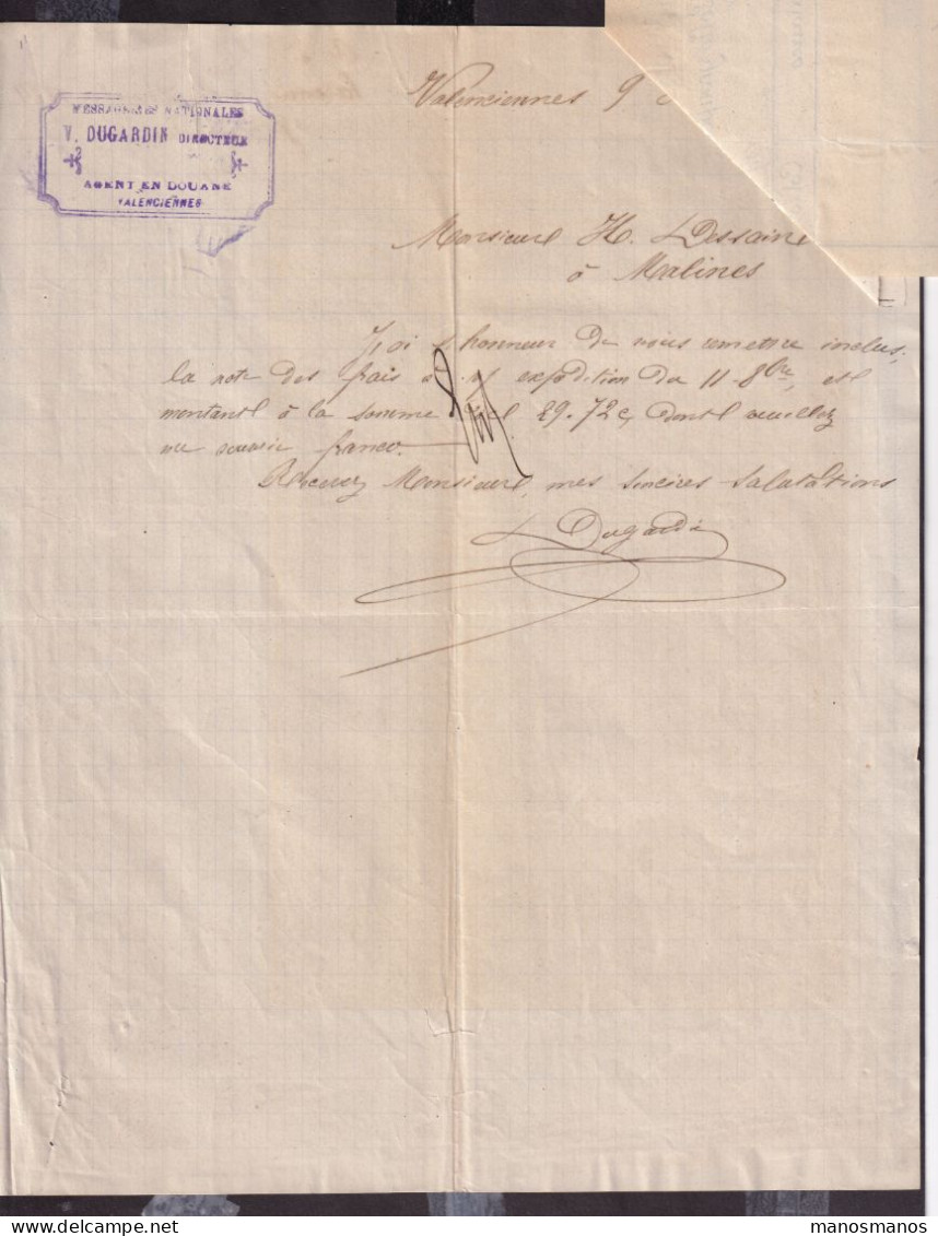 DDGG 050 -  Document Avec Quittance Des Droits - Messageries Nationales, Directeur Dugardin, De VALENCIENNES 1884 - Cartas & Documentos