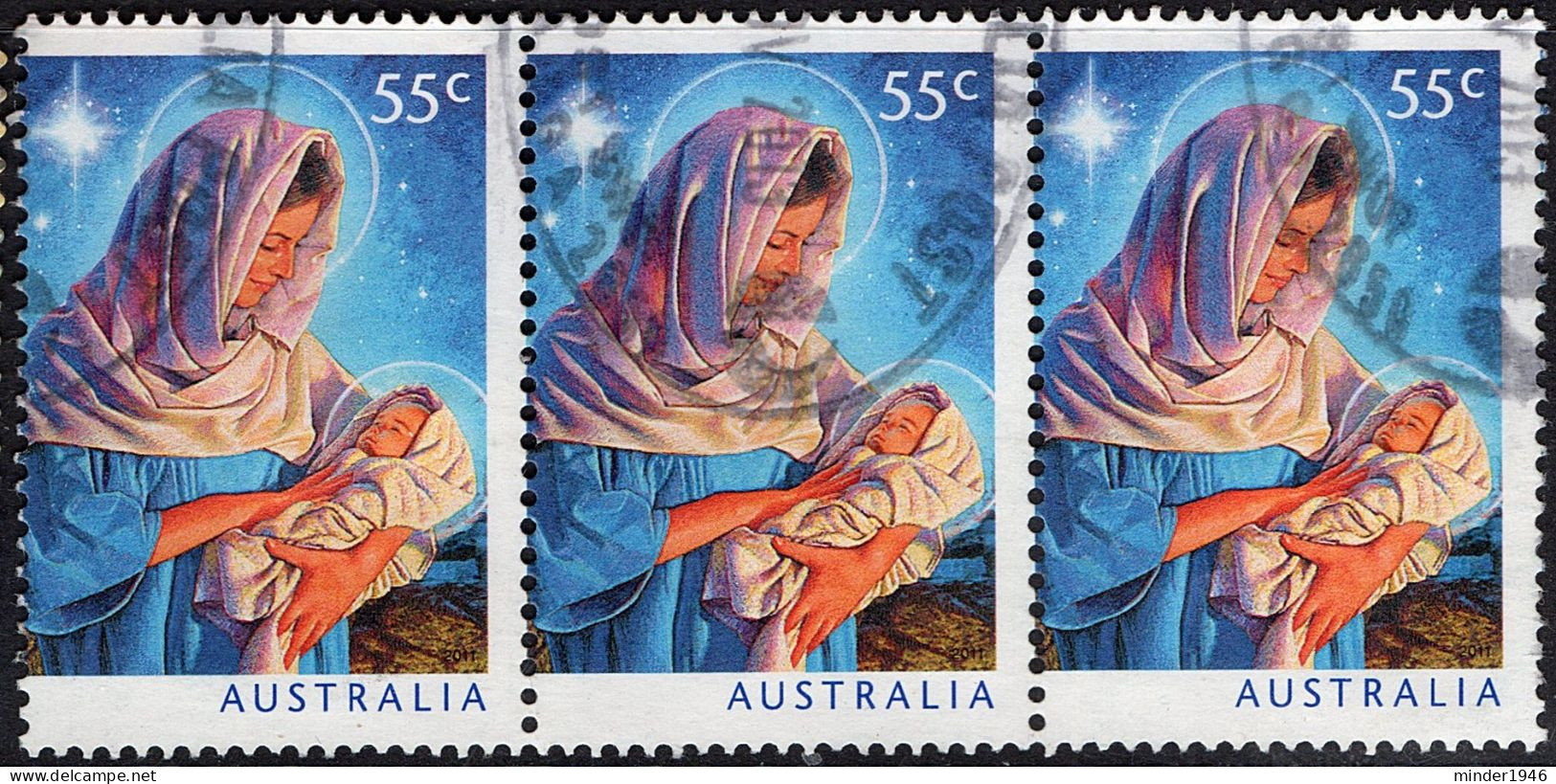 AUSTRALIA 2011 QEII 55c X 3 Joined Strip, Multicoloured, Christmas-Virgin Mary & Jesus SG3670 Used - Gebruikt