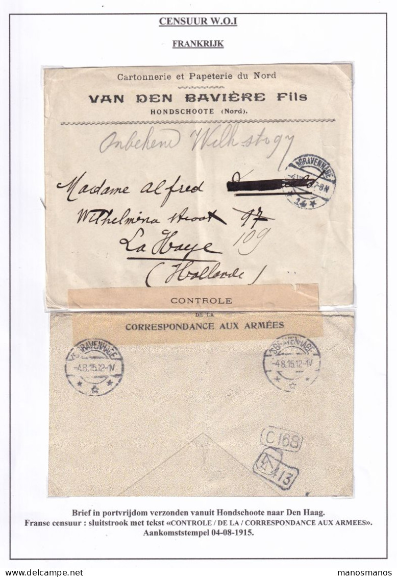 DDGG 051 -  Enveloppe En Franchise De HONDSCHOOTE (pas De Cachet) Vers LA HAYE NL 1915 - Bande De Censure Rare - WW I