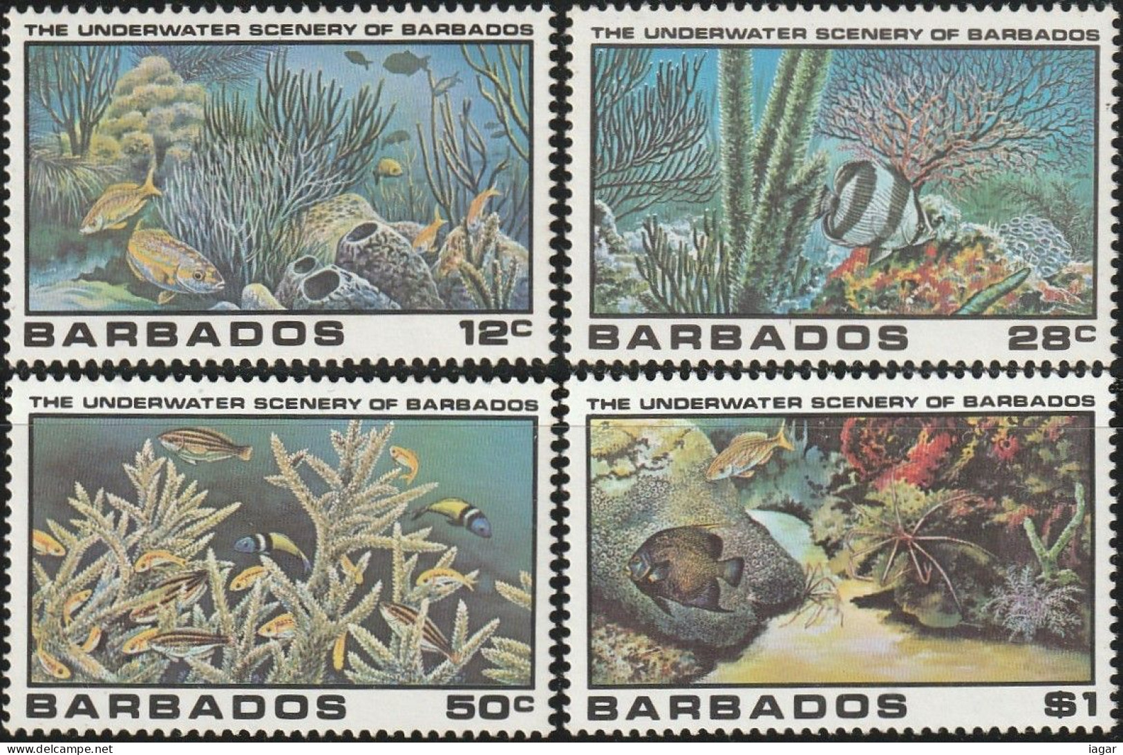 THEMATIC FAUNA:  UNDERWATER SCENERY.  SNAPPER, BUTTERFLYFISH, PRINCESS PARROTFISH,  ANGELFISH   4v+MS   -  BARBADOS - Andere & Zonder Classificatie