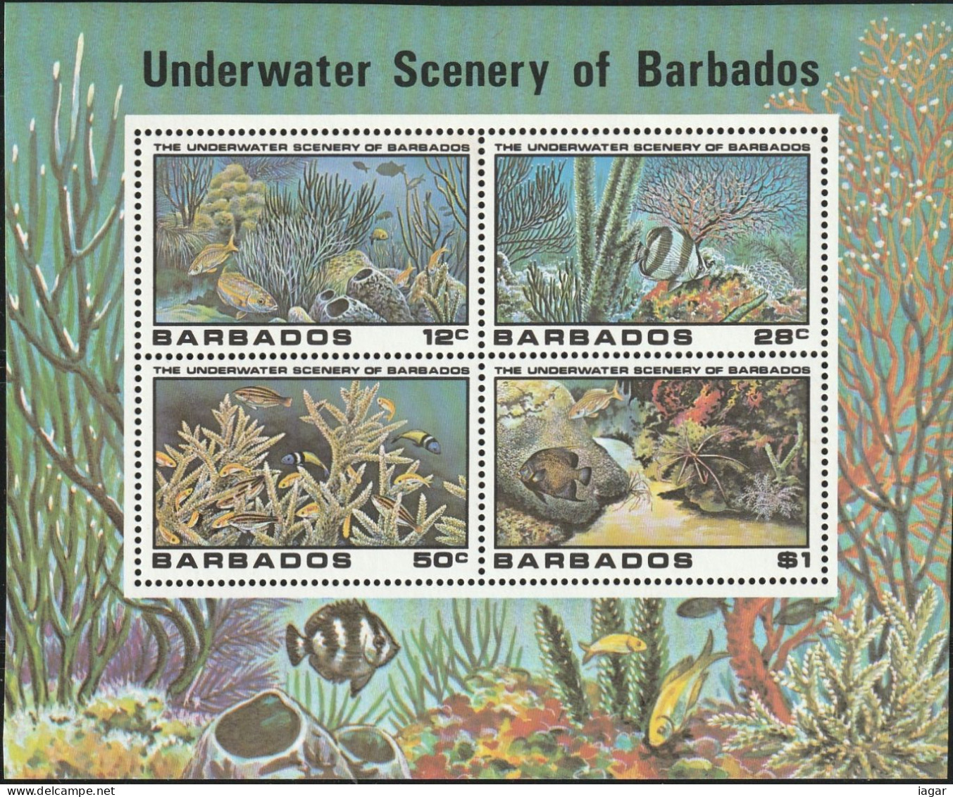 THEMATIC FAUNA:  UNDERWATER SCENERY.  SNAPPER, BUTTERFLYFISH, PRINCESS PARROTFISH,  ANGELFISH   4v+MS   -  BARBADOS - Autres & Non Classés