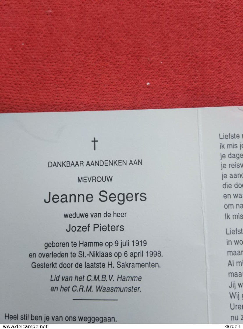 Doodsprentje Jeanne Segers / Hamme 9/7/1919 Sint Niklaas 6/4/1989 ( Jozef Pieters ) - Religion & Esotérisme