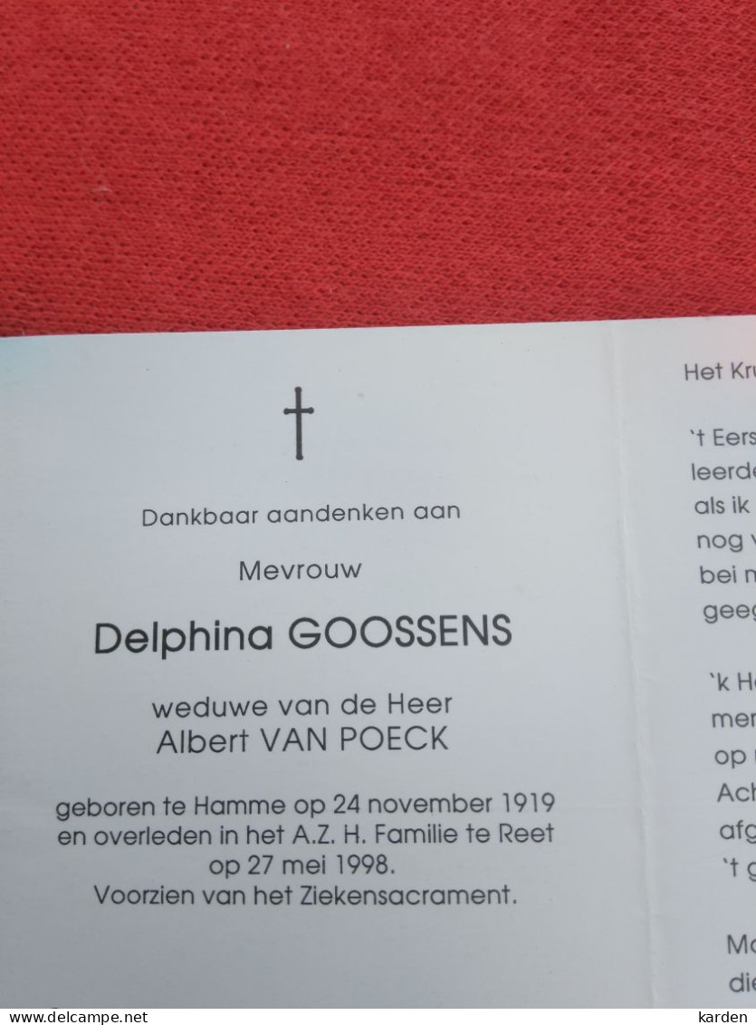 Doodsprentje Delphina Goossens / Hamme 24/11/1919 Reet 27/5/1998 ( Albert Van Poeck ) - Religion & Esotericism