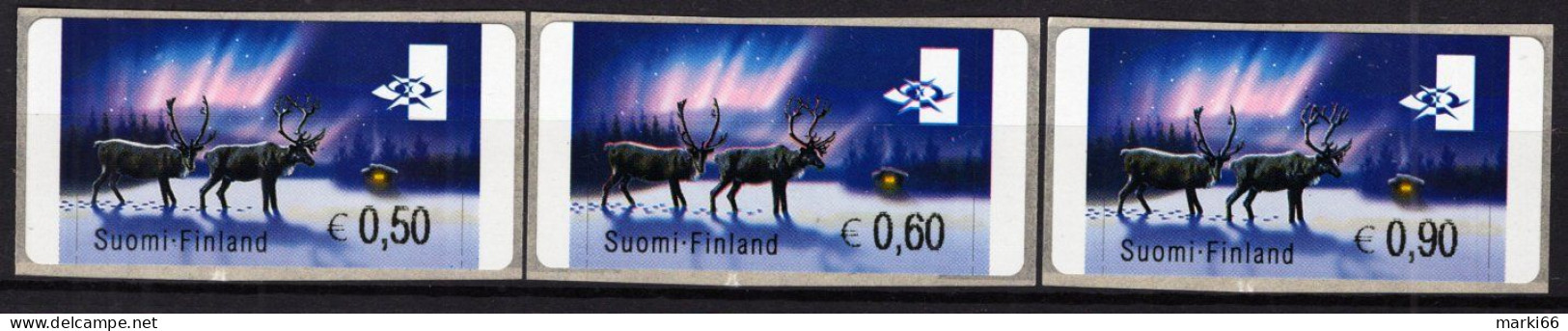 Finland - 2002 - Christmas - Northern Lights And Reindeers - Mint ATM Self-adhesive Stamp Set (EUR) - Machine Labels [ATM]