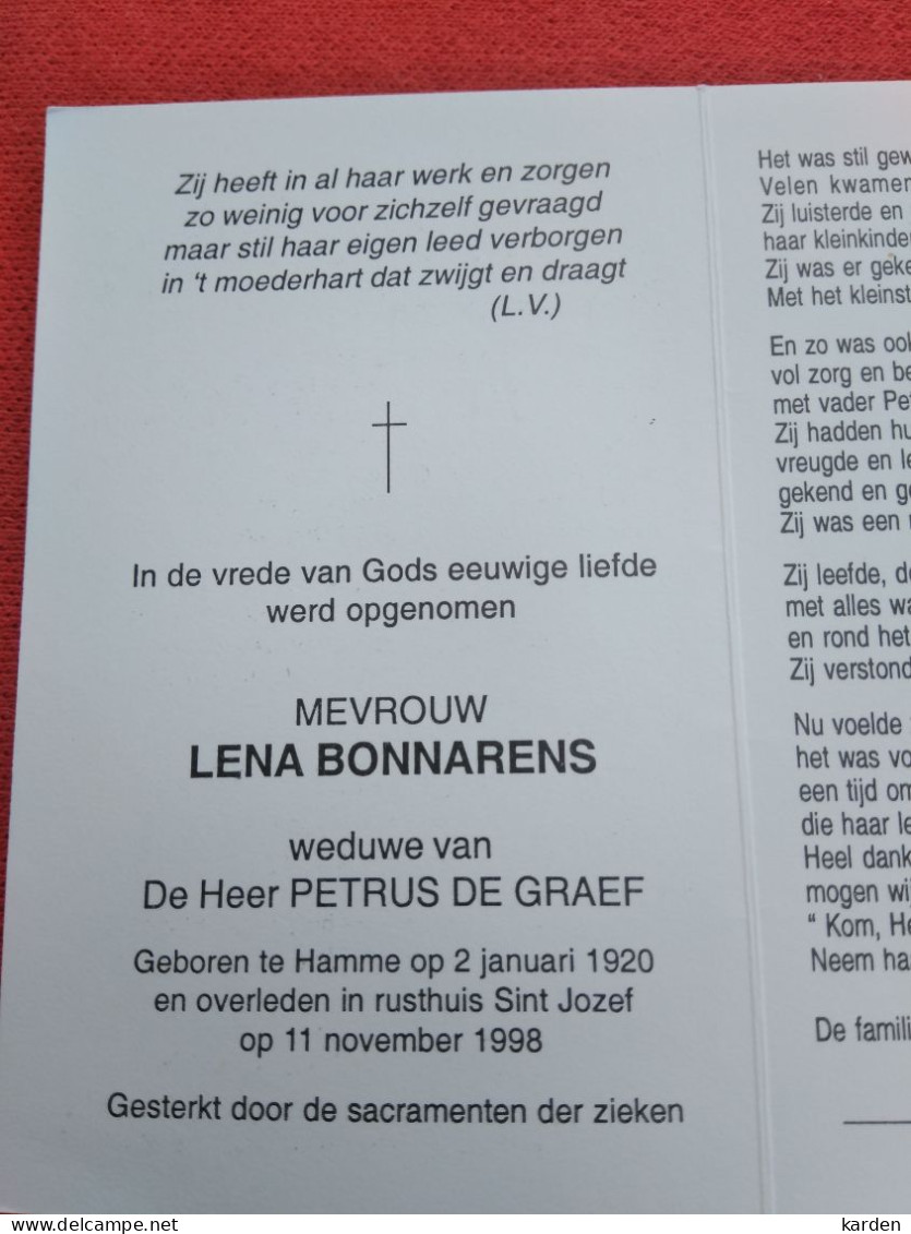 Doodsprentje Lena Bonnarens / Hamme 2/1/1920 - 11/11/1998 ( Petrus De Graef ) - Religion & Esotericism