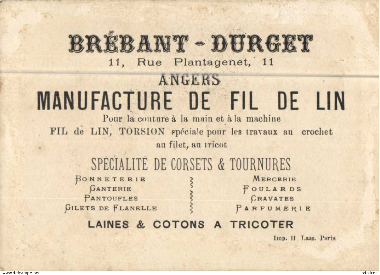 BREBANT DURGET 11 Rue Plantagenet ANGERS  Manufacture De Fil De Lin LES BOUFFONS Triboulet Triquant à François 1er RV - Sonstige & Ohne Zuordnung