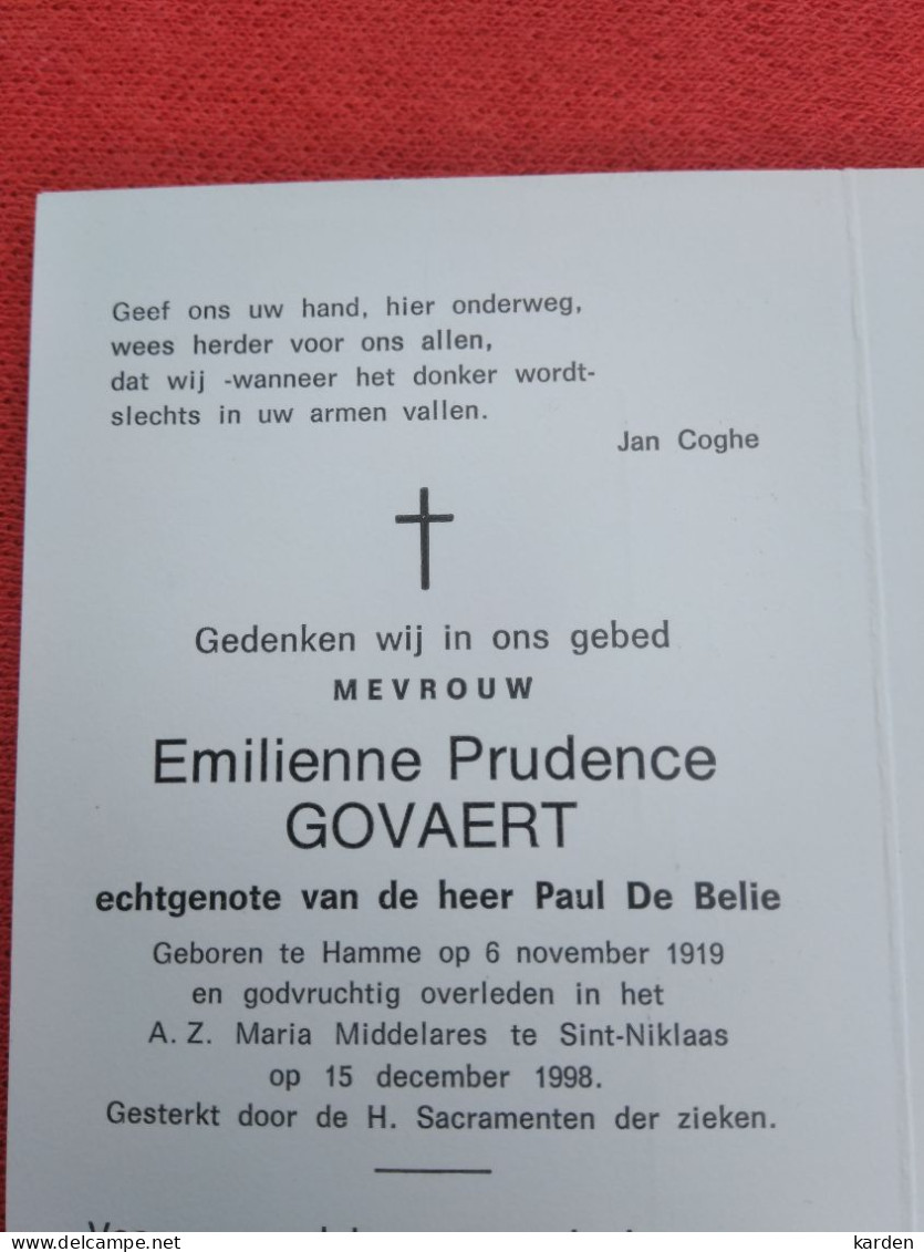 Doodsprentje Emilienne Prudence Govaert / Hamme 6/11/1919 Sint Niklaas 15/12/1998 ( Paul De Belie ) - Religión & Esoterismo