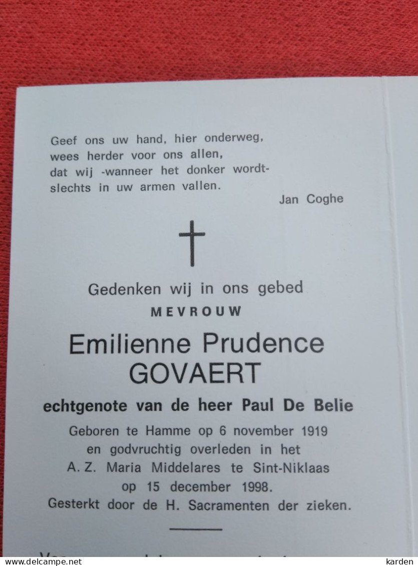 Doodsprentje Emilienne Prudence Govaert / Hamme 6/11/1919 Sint Niklaas 15/12/1998 ( Paul De Belie ) - Godsdienst & Esoterisme