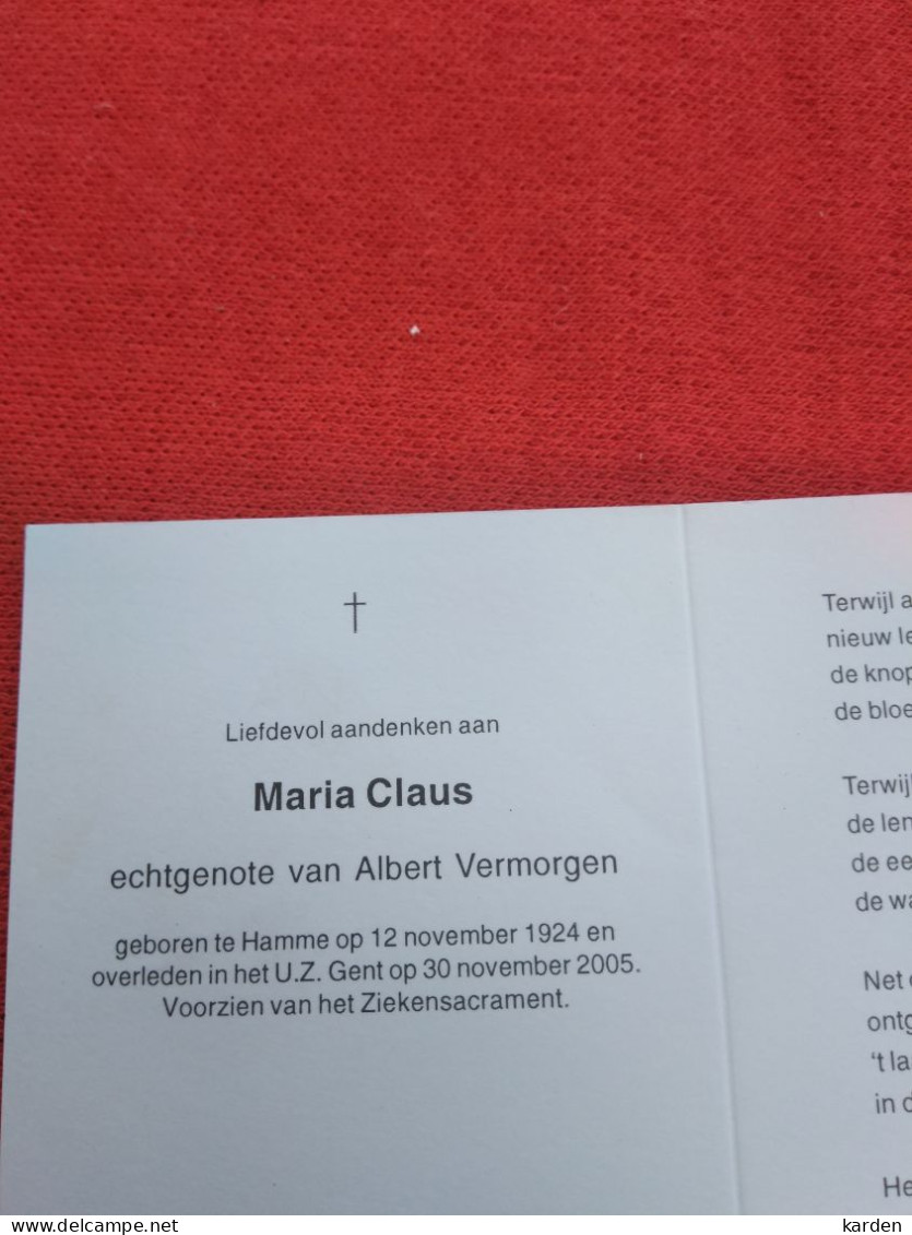 Doodsprentje Maria Claus / Hamme 12/11/1924 Gent 30/11/2005 ( Albert Vermorgen ) - Religion & Esotericism