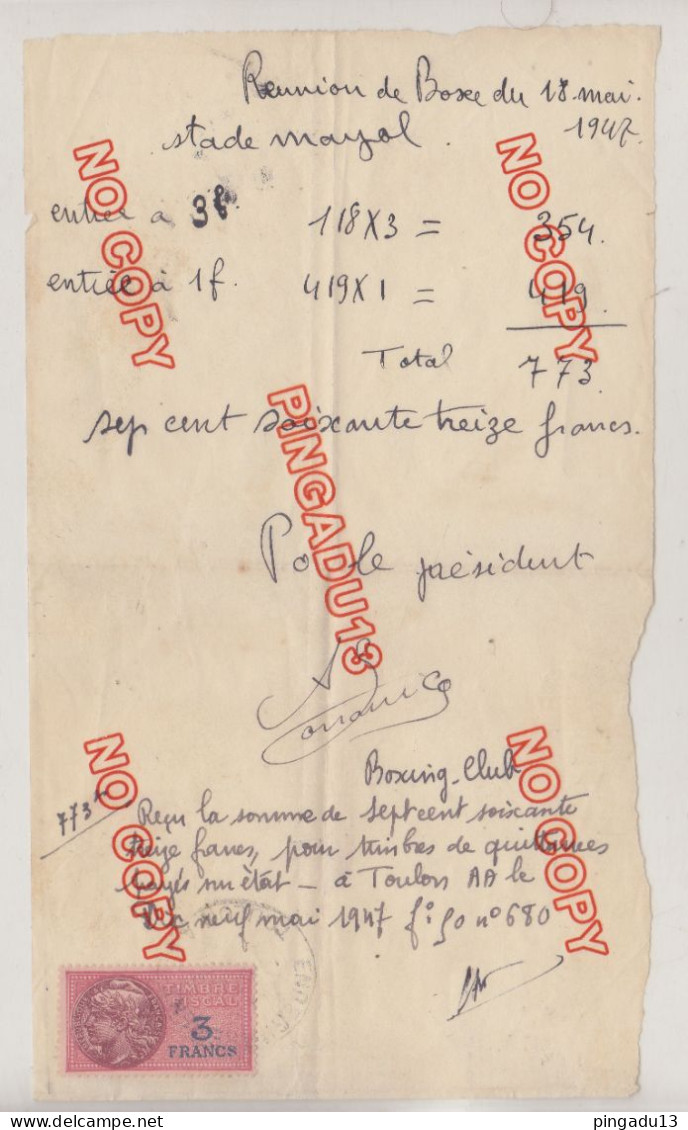 Timbre Fiscal France Sur Facture Réunion De Boxe Toulon Stade Mayol 18 Mai 1947 - Sonstige & Ohne Zuordnung