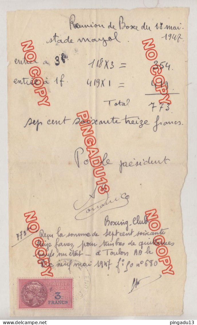 Timbre Fiscal France Sur Facture Réunion De Boxe Toulon Stade Mayol 18 Mai 1947 - Other & Unclassified