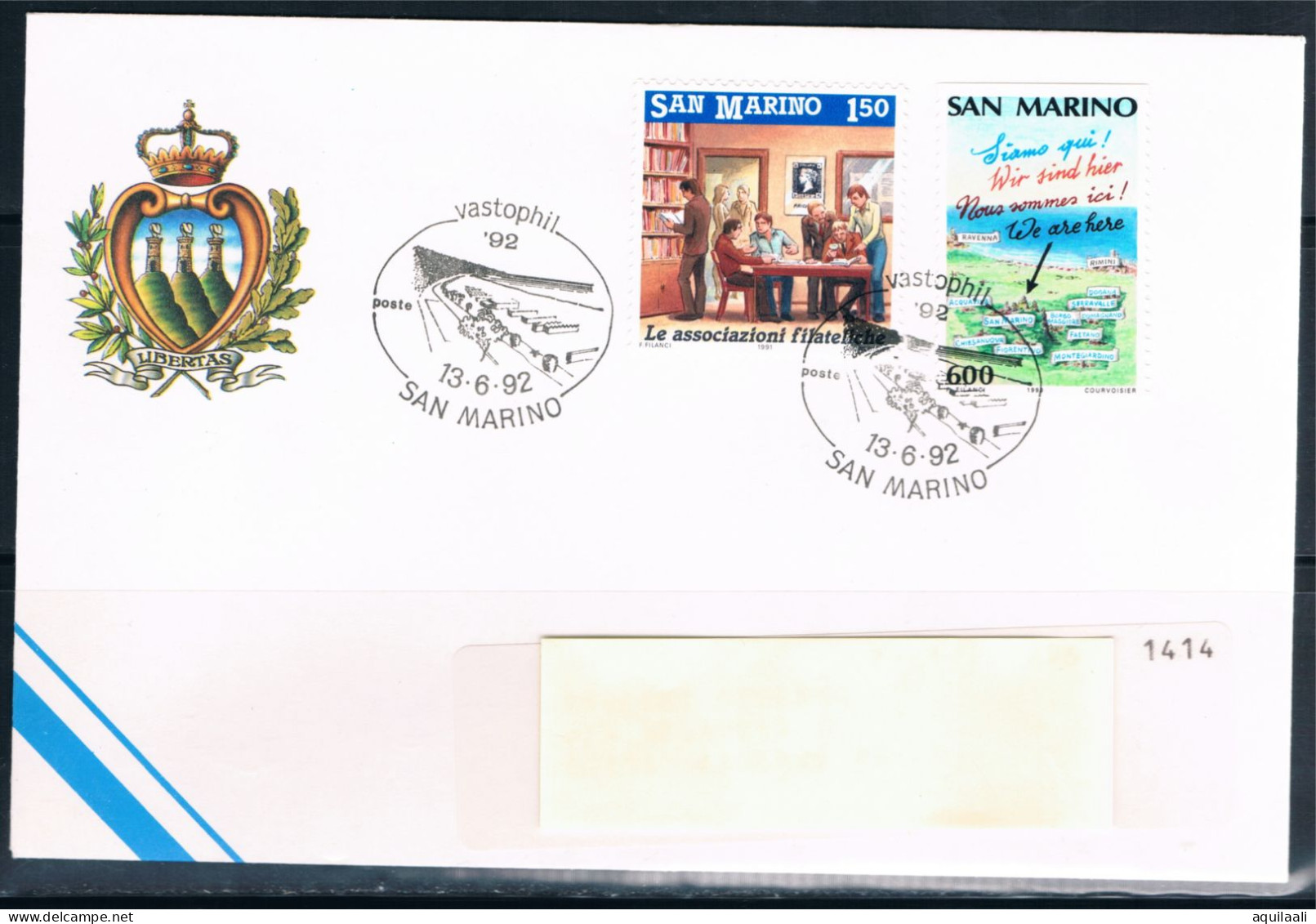SAN MARINO 1992 - Expo Filatelico "Vastophil '92", Annullo Speciale. - Briefmarkenausstellungen