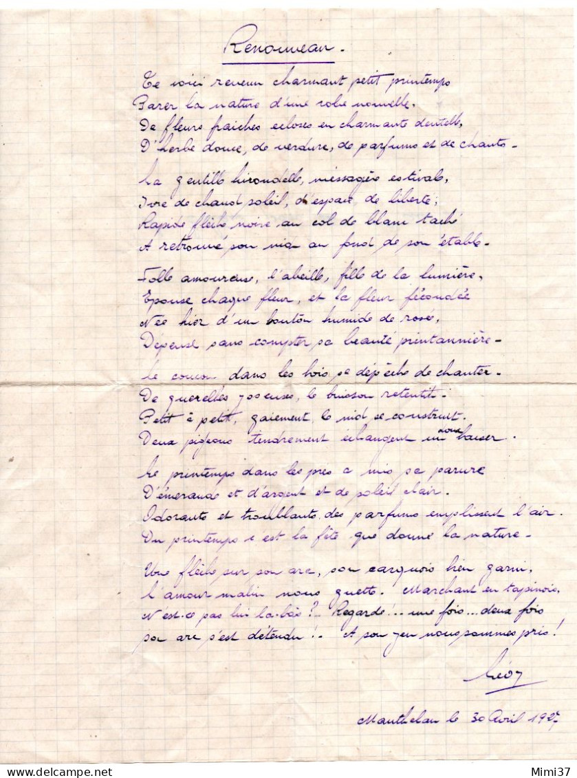 MANTHELAN 37 MANUSCRIT D'UN POEME ECRIT LE 30 AVRIL 1937 PAR UN DENOME LEON EN L'HONNEUR D'ELIANE......... - Manuskripte