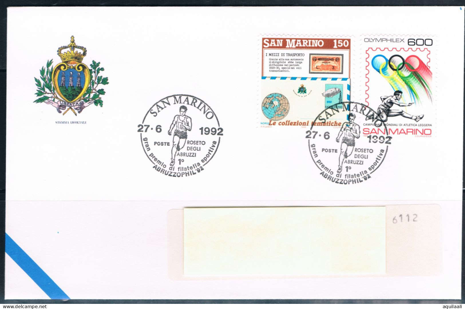 SAN MARINO 1992 -1' Gran Premio Filatelia Sportiva " Abbruzzophil '92 ", Annullo Speciale. - Briefmarkenausstellungen