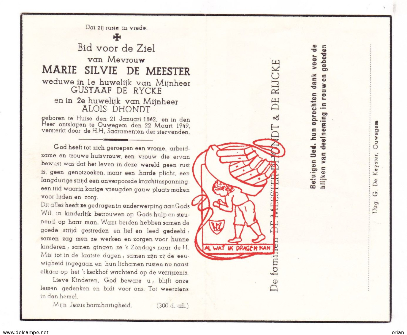 DP Marie Silvie De Meester ° Huise Zingem 1862 † Ouwegem 1949 X Gustaaf De Rijcke Xx Alois Dhondt - Devotieprenten