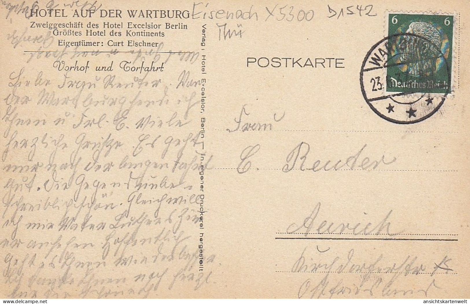 Eisenach Wartburg Filiale Des Hotel Excelsior Berlin Gl1937 #D1542 - Other & Unclassified