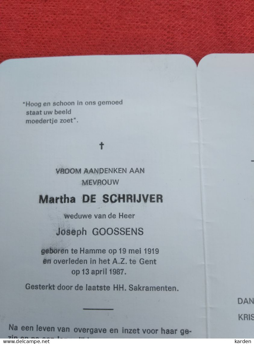 Doodsprentje Martha De Schrijver / Hamme 19/5/1919 Gent 13/4/1987 ( Joseph Goossens ) - Godsdienst & Esoterisme