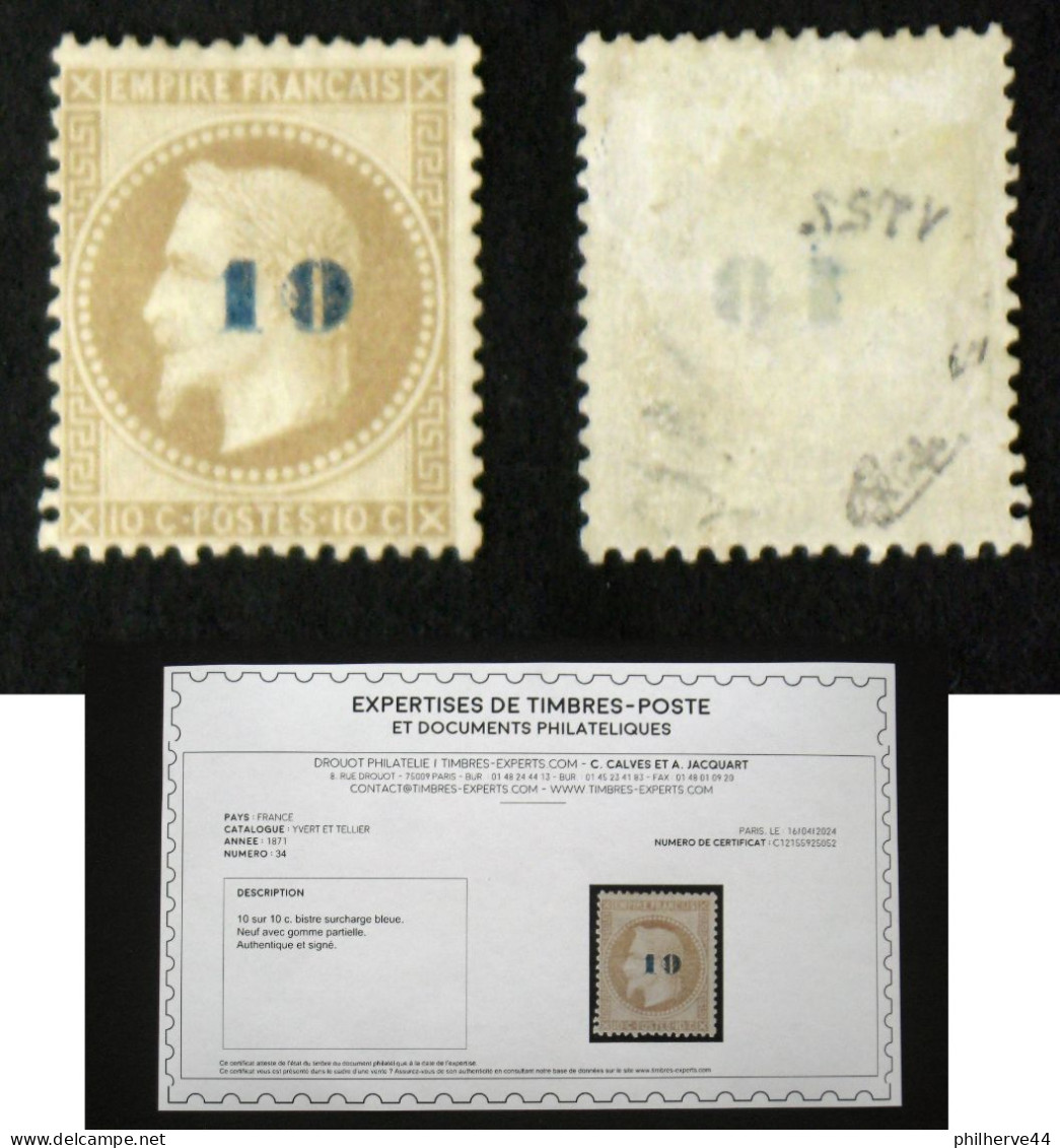 N° 34 10c/10c NAPOLEON LAURE TB Neuf N* Cote 3000€ Signé Calves + Certificat - 1863-1870 Napoleone III Con Gli Allori